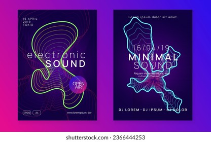 Dj flyer. Dynamic fluid shape and line. Geometric concert cover set. Neon dj flyer. Electro dance music. Electronic sound event. Club fest poster. Techno trance party.