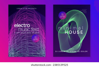 Dj flyer. Dynamic fluid shape and line. Energy concert brochure set. Neon dj flyer. Electro dance music. Electronic sound event. Club fest poster. Techno trance party.