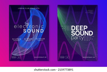 Dj flyer. Energy discotheque invitation set. Dynamic fluid shape and line. Neon dj flyer. Electro dance music. Electronic sound event. Club fest poster. Techno trance party.