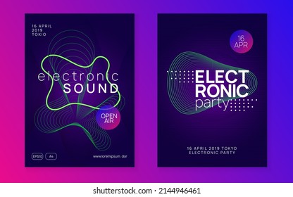 Dj flyer. Geometric discotheque invitation set. Dynamic fluid shape and line. Neon dj flyer. Electro dance music. Electronic sound event. Club fest poster. Techno trance party.