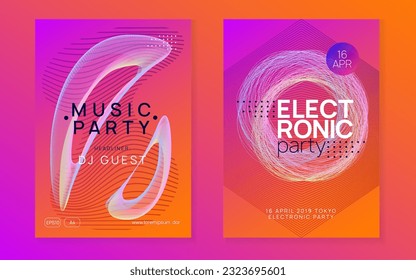 DJ Flyer. Minimaler Discotheken-Prospekt. Dynamische Farbverlauf-Form und Linie. Neon dj Flyer. Elektro-Tanzmusik. Elektronisches Soundereignis. Clubfest-Poster. Techno Trance Party.