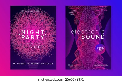 Dj Flyer. Soundwave Audio Invitation. Concert Invite. Night Club Festival Element. Pink Dance Banner. Party Design. Green Discotheque Event. Violet Dj Flyer