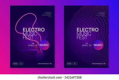 Dj flyer. Wavy discotheque cover set. Dynamic fluid shape and line. Neon dj flyer. Electro dance music. Electronic sound event. Club fest poster. Techno trance party.