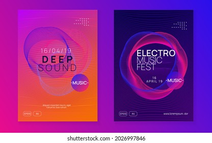 Dj flyer. Wavy show banner set. Dynamic fluid shape and line. Neon dj flyer. Electro dance music. Electronic sound event. Club fest poster. Techno trance party.