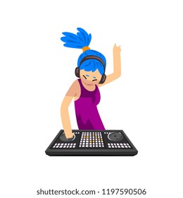 DJ girl with blue hair in headphones mixing music on vinyl turntables, girl playing track on mixer console deck vector Illustration on a white background