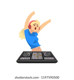 DJ girl in headphones dancing before mixer console deck vector Illustration on a white background