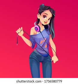 Dj girl in headphones, modern clothes and trendy hairstyle holding wire. Young woman disc jockey party maker in teenager t-shirt and jeance isolated on red background. Cartoon vector illustration