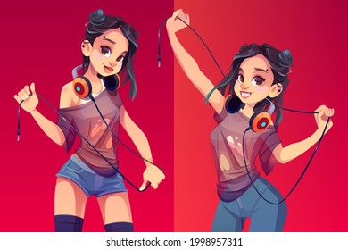 Dj girl in headphones, modern clothes and trendy hairstyle posing or dance with wire in hands. Young woman disc jockey, party maker in ragged teen t-shirt and jeanse, Cartoon vector illustration