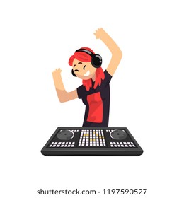 DJ girl in headphones playing track and dancing, young woman mixing music on mixer console deck vector Illustration on a white background