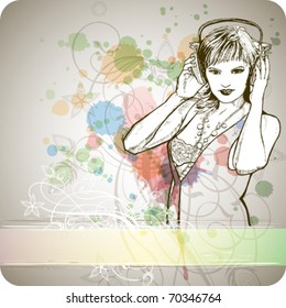 DJ girl & music colors mix - floral calligraphy ornament - a stylized orchid, color paint background