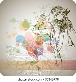 DJ girl & music colors mix - floral calligraphy ornament - a stylized orchid, color paint background