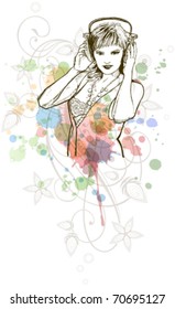 DJ girl & music colors mix - floral calligraphy ornament - a stylized orchid, color paint background