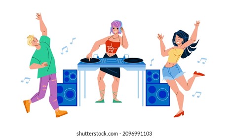 Dj Girl Playing Music On Night Club Party Vector. Young Woman Dj Play Disco Sound And Dancers Man And Lady Dancing Together. Characters Leisure Time In Nightclub Flat Cartoon Illustration