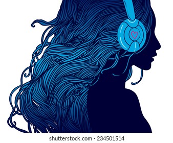 DJ girl: Profile of pretty girl with long hair in headphones 