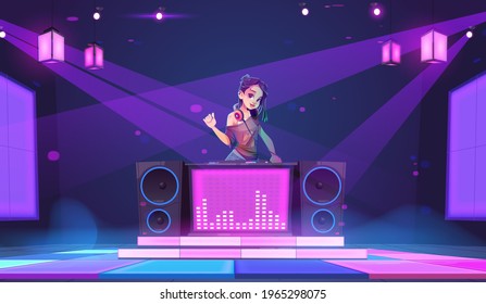 Dj girl stand at turntable in night club. Young woman disc jockey in headphones, modern clothes and trendy hairstyle perform music program mixing samples for dancing, Cartoon vector illustration
