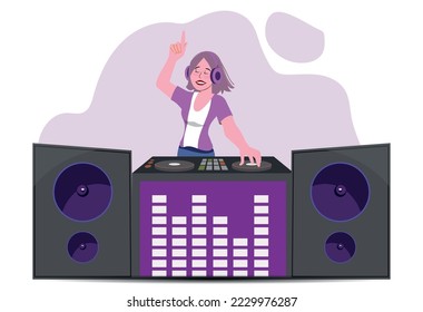 Dj girl stand at turntable in night club. Young woman disc jockey in headphones, modern clothes and trendy hairstyle perform music program mixing samples for dancing, Cartoon vector illustration.