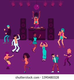 DJ girl stands at mixing console and people dancing in nightclub cartoon style, vector illustration on dark background. DJ plays music on turntable at party or disco for male and female characters