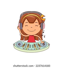 Dj girl turntable, mixing, happy cute child