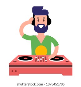 DJ in a green T-shirt plays music on a turntable on a white background. Vector illustration in flat style