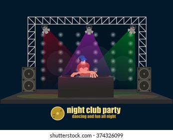 DJ Guy On The Stage Behind The Board. Vector Illustration.