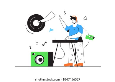 DJ guy playing music on panels in flat style
