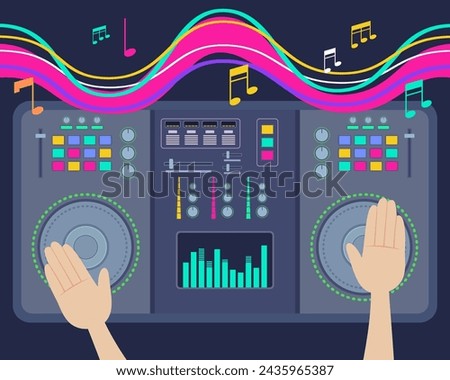 DJ hands mixing tracks on turntable at party. Vector illustration. Top view. Music, entertainment concept