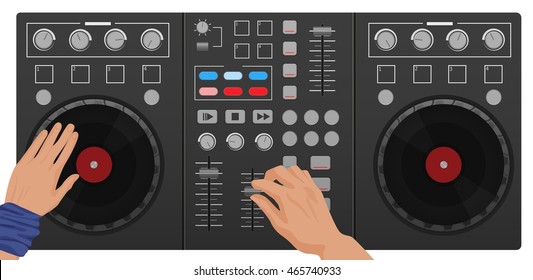 DJ Hands Playing Vinyl. Top View. DJ Interface Workspace Mixer Console Turntables. Night Club Concept