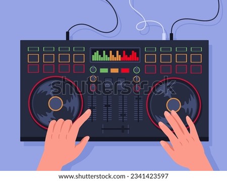 Dj hands top view concept. Disc jockey at workplace with musical equipment. Music and songs at disco or party, event. Character work at nightclub. Cartoon flat vector illustration