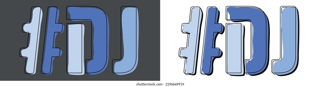 DJ Hashtag. Einzeln Sie die Kurven der Doppelbuchstaben. Set 2 in 1. Blaue Farben. Beliebt Hashtag #DJ für Social Network, Musik-Ressourcen, mobile Apps, Spiele. Stockvektorbild.