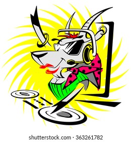 DJ with headphones and a goat with a microphone for remote control vector illustration