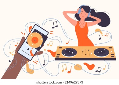 DJ in headphones mixing music at live stream for audience. Cartoon hand holding mobile phone with radio app to listen sound, download and dance flat vector illustration. Entertainment concept