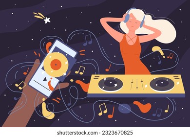 DJ in headphones mixing music at live stream for audience. Cartoon hand holding mobile phone with radio app to listen sound, download and dance entertainment dark concept flat vector illustration