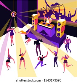 DJ in headphones at night club, dance party, play music and dancing people vector. Man spin vinyl record, loud speakers, men and women in move. Disco ball, electronic concert, techno festival
