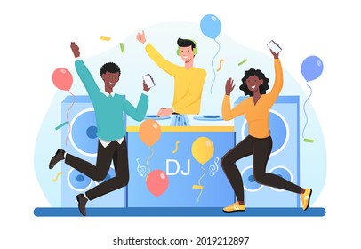 DJ in headphones play mixing music dancefloor disco nightclub. Fans take photo selfie. Business people at Christmas party. Flat cartoon vector illustration concept design isolated on white background