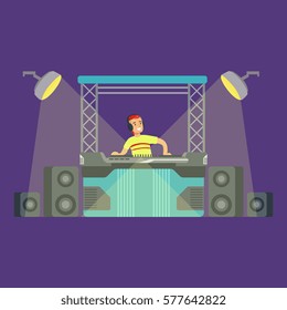 DJ And His Mixer Equipment And Light Show, Part Of People At The Night Club Series Of Vector Illustrations