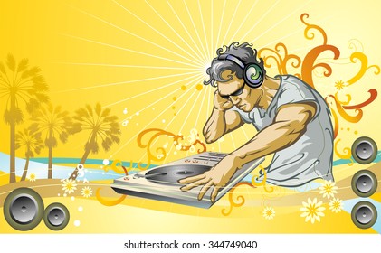 DJ Hot Summer Music Jam-Vector illustration of highly detailed DJ in his mixes