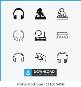 Dj icon. collection of 9 dj filled and outline icons such as listening device, headphones, earphones. editable dj icons for web and mobile.