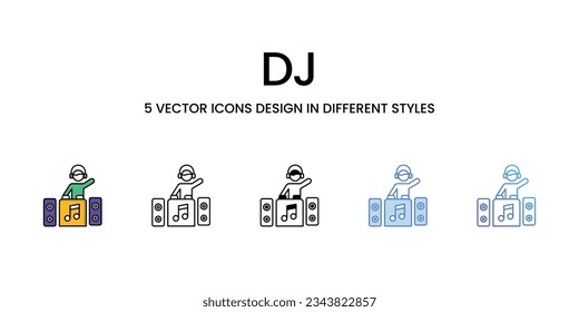 Diseño de iconos Dj en estilo Cinco con pulsación editable. Línea, Sólido, Línea plana, Color de tono Duo y Línea de degradado de color. Adecuado para diseño de páginas Web, aplicaciones móviles, UI, UX y GUI.