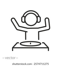 dj icon, person with headphones, dj station, thin line symbol on white background - editable stroke vector illustration