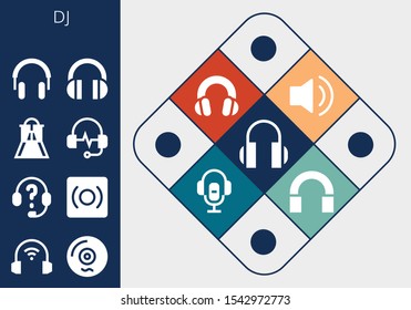 dj icon set. 13 filled dj icons.  Simple modern icons about  - Headphones, Vinyl, Record, Slider, Audio, Voice recorder