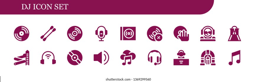 dj icon set. 18 filled dj icons.  Collection Of - Vinyl, Earbuds, Voice recorder, Vynil, DJ, Slider, Headphones, Audio, Music, Jukebox