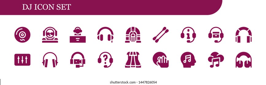 dj icon set. 18 filled dj icons.  Collection Of - Vinyl, DJ, Headphones, Jukebox, Earbuds, Sliders, Music