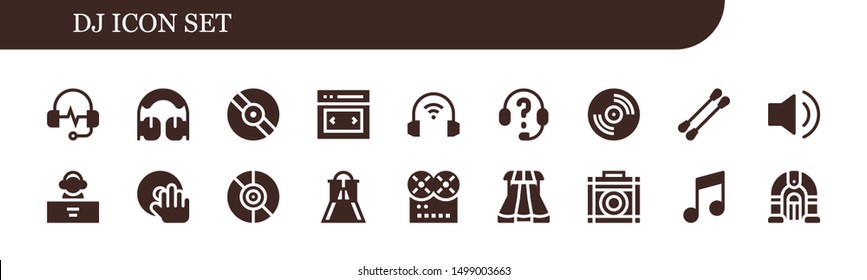 dj icon set. 18 filled dj icons.  Simple modern icons about  - Headphones, Vinyl, Slider, Earbuds, Audio, DJ, Music, Sliders, Amplifier, Jukebox