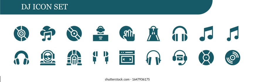 dj icon set. 18 filled dj icons.  Simple modern icons such as: Vinyl, Music, DJ, Slider, Headphones, Jukebox, Earphones