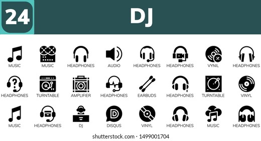 dj icon set. 24 filled dj icons.  Collection Of - Music, Headphones, Audio, Vynil, Turntable, Amplifier, Earbuds, Vinyl, DJ, Disqus