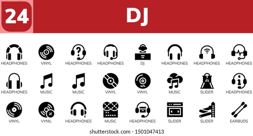 dj icon set. 24 filled dj icons.  Collection Of - Headphones, Vinyl, DJ, Music, Slider, Vynil, Earbuds