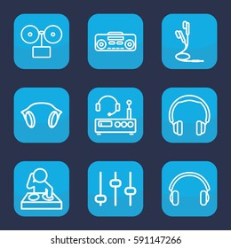 dj icon. Set of 9 outline dj icons such as record player, earphones, listening device, adjust, gramophone, headphones