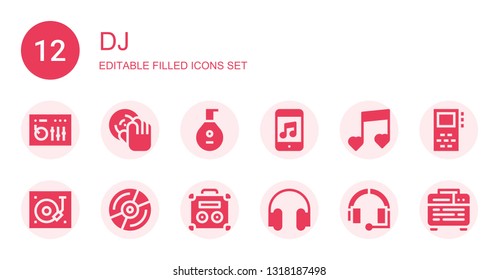 dj icon set. Collection of 12 filled dj icons included Dj mixer, Lute, Music, Turntable, Vinyl, Amplifier, Headphones, Headphone, Record