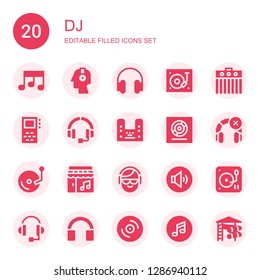 dj icon set. Collection of 20 filled dj icons included Music, Headphones, Turntable, Amplifier, Record, Vinyl, Headphone, DJ, Volume adjustment, Slider