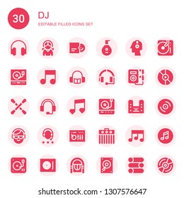 dj icon set. Collection of 30 filled dj icons included Headphones, Vinyl, Lute, Turntable, Music, Headphone, Earbuds, DJ, mixer, Amplifier, Record player, Jukebox, Slider